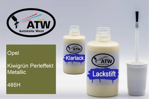 Opel, Kiwigrün Perleffekt Metallic, 485H: 20ml Lackstift + 20ml Klarlack - Set, von ATW Autoteile West.